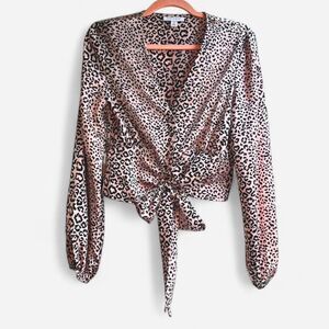 Topshop Satin Blouse with Covered Buttons & Sash in Pink Leopard Print size 2
